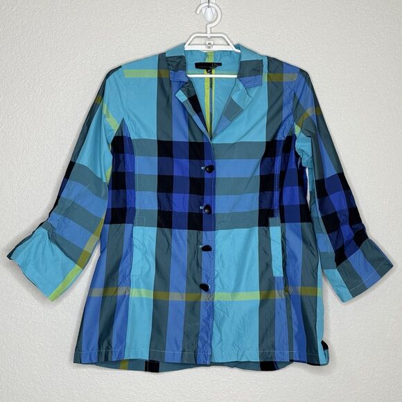 Habitat Tops - Liv by Habitat Womens Shirt Sz Large Blue Crinkle Plaid Lux Notch Collar Shacket